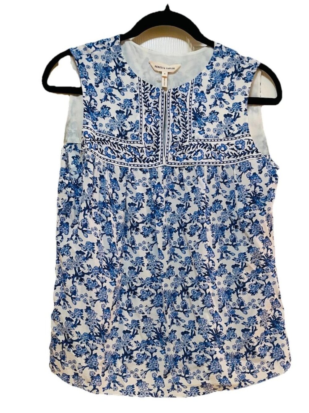 REBECCA TAYLOR Blue and White Aimee Silk SleevelessTop Sz 4